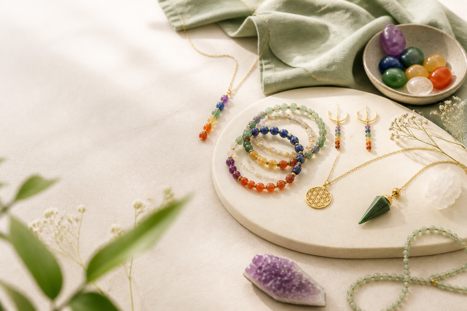 Bijoux aux sept couleurs disposés dans une ambiance douce et naturelle